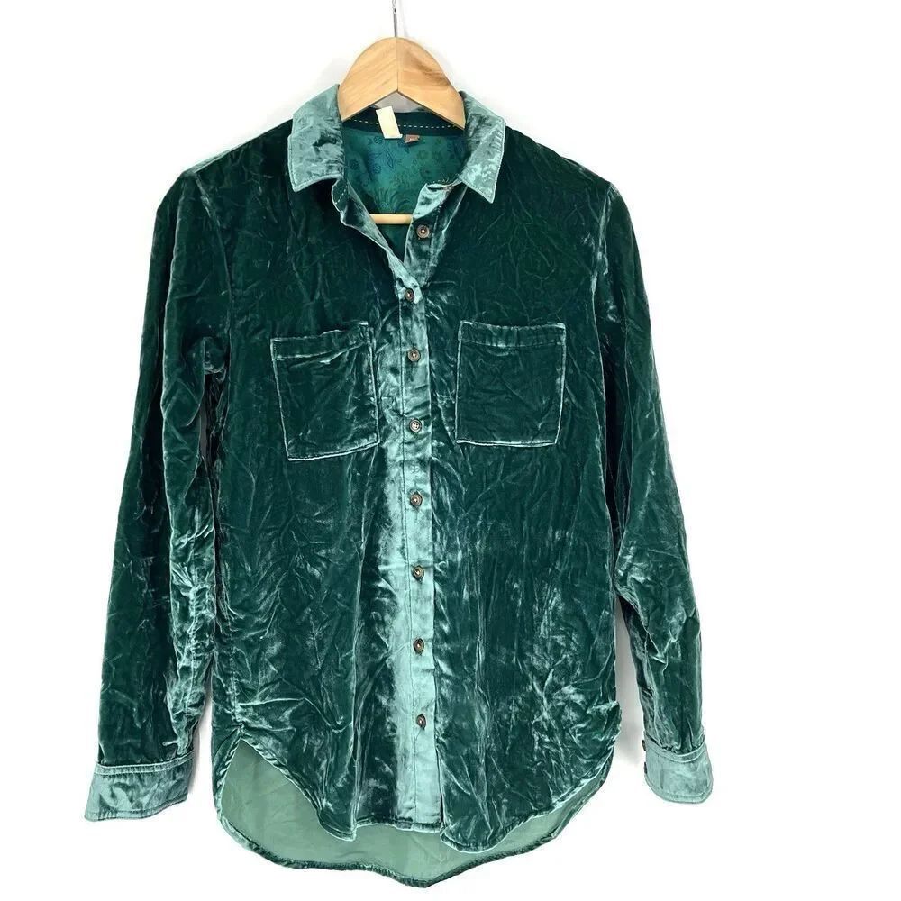 Pilcro Anthropologie Top XXS Women Green Tunic Mara Velvet Button Up Long Sleeve